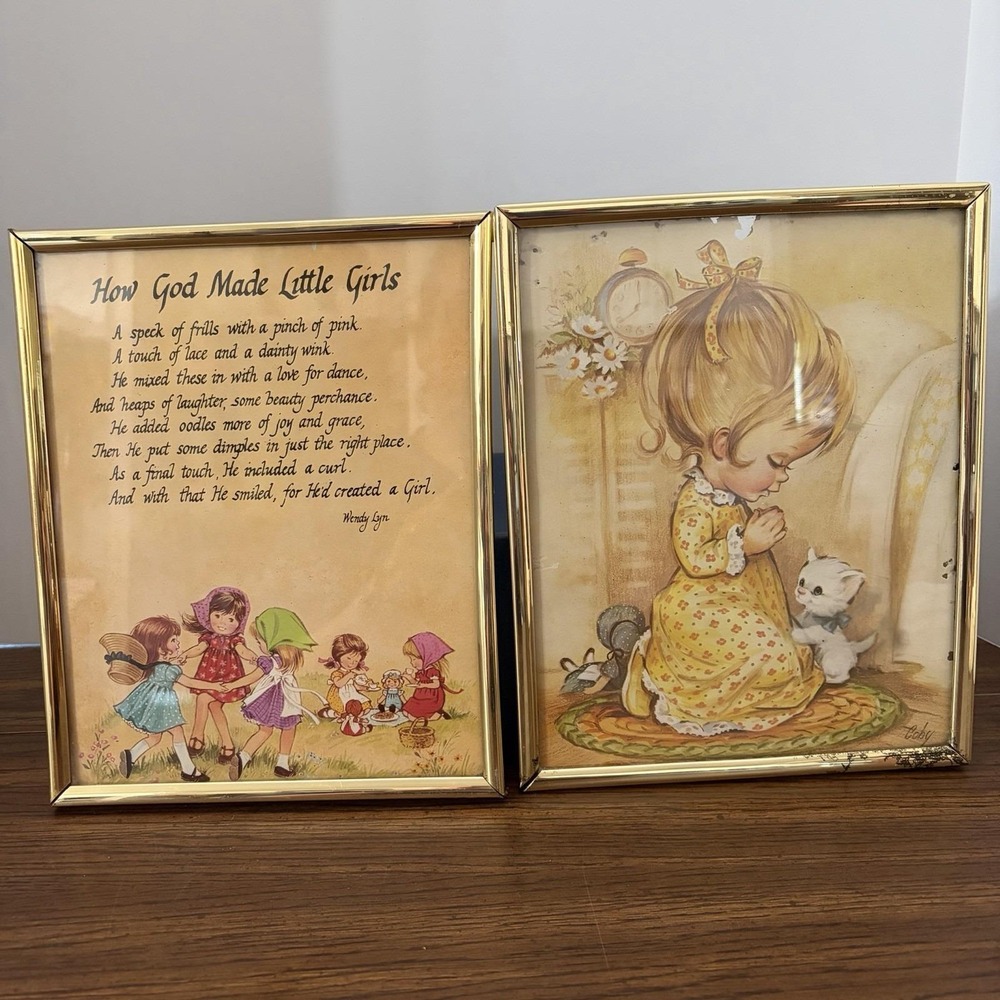 Vintage 1960s Coby Big Eyed Girl Praying Kitten How Gid Made Little Girls Pair